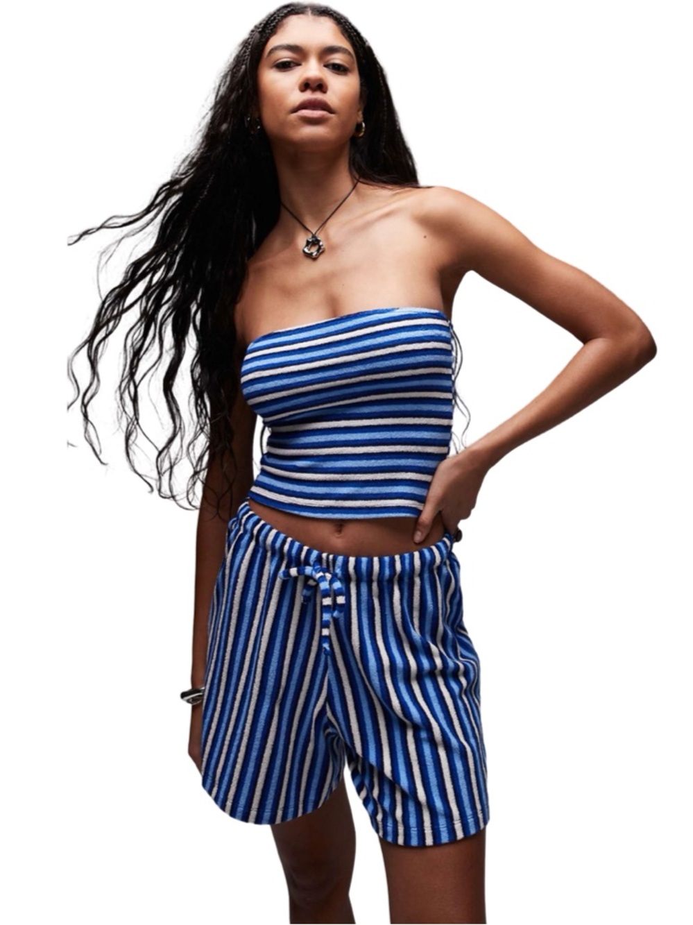 (SET OF 2!!) 🦋▫️Topshop Blue & White Striped Tube Top + Terry Cloth Shorts ▫️🦋